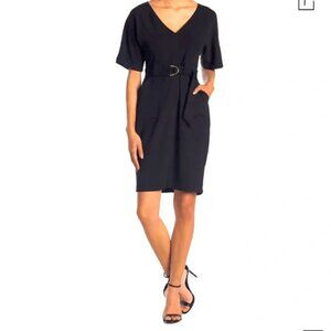 Tash + Sophie Black Belted Dress With Pockets Size 10P Short Sleeve